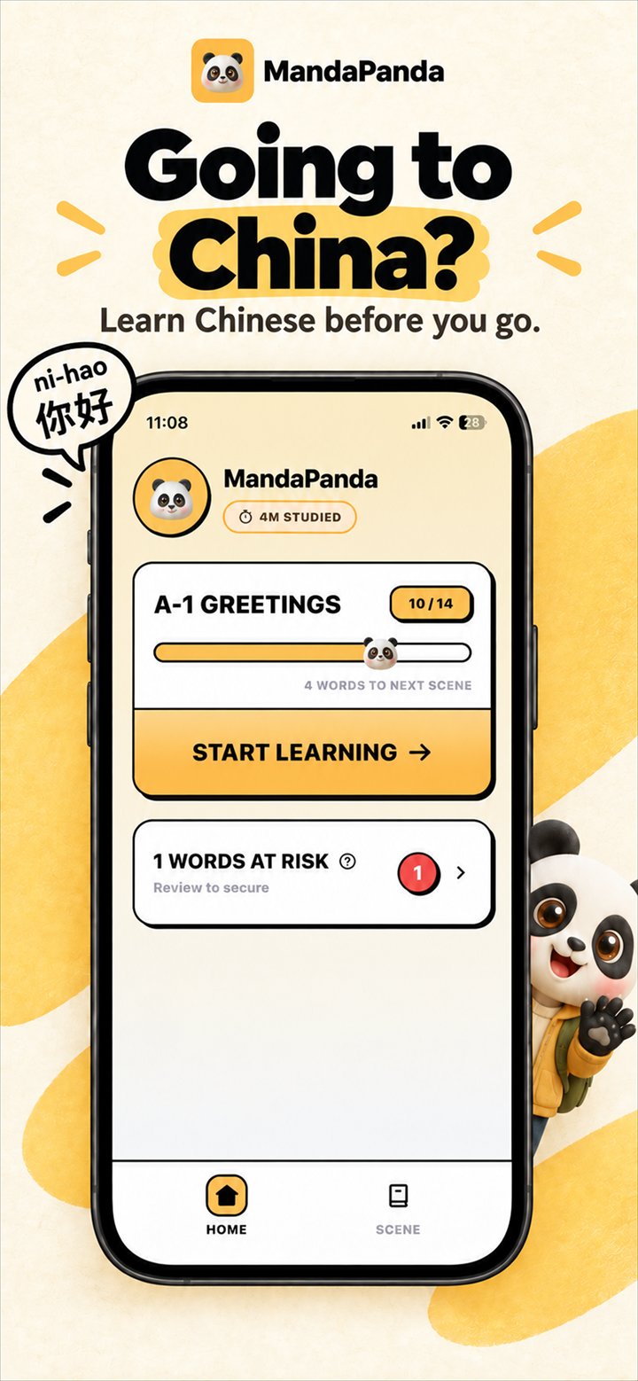 MandaPanda home screen with practical Mandarin lessons